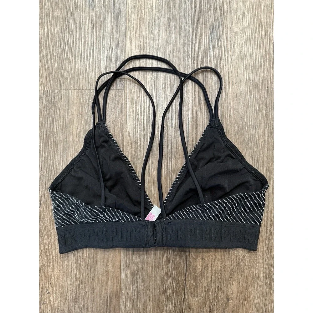 Victoria's Secret Bra Medium Black‎ Unlined Wirefree Silver Stripe Logo